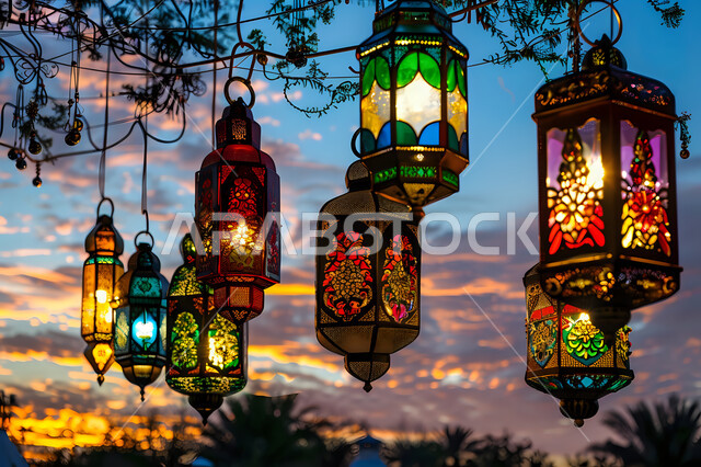 التصميم الهندسي التقليدي للفوانيس المزخرفة والتحف والاكسسوارات المعدنية, احتفال المسلمين بقدوم شهر الخير, صورة ظلية لزينة المساجد في المملكة العربية السعودية للاحتفال بالمناسبات والأعياد الاسلامية, أجواء روحانية رمضانية هادئة
