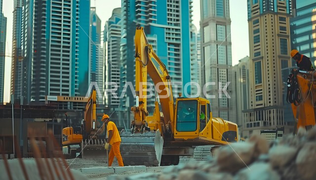 مهن ووظائف هندسية صناعية في السعودية، جرافة تعمل على رفع وتعبئة الرمال والحصى والركام، مفهوم الهندسة والانشاءات، عمال البناء يشغلون آلات الحفر الثقيلة, ناطحة سحاب قيد الانشاء في المملكة العربية السعودية