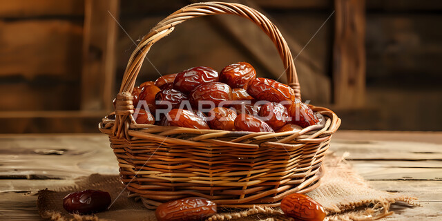 النباتات والمحاصيل الزراعية المحلية، تمور من نخيل المملكة العربية السعودية، منتج وطني محلي، وجبة ذات قيمة غذائية عالية، ضيافة رمضانية تقليدية، صورة مقربة لحبات التمر السكري الصحي في سلة من القش