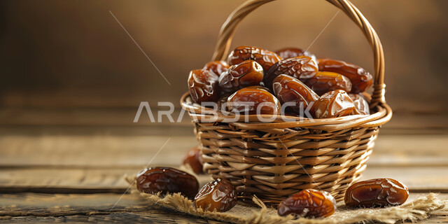 النباتات والمحاصيل الزراعية المحلية، تمور من نخيل المملكة العربية السعودية، منتج وطني محلي، وجبة ذات قيمة غذائية عالية، ضيافة رمضانية تقليدية، صورة مقربة لحبات التمر السكري الصحي في سلة من القش