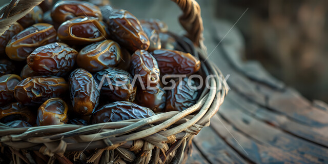 النباتات والمحاصيل الزراعية المحلية، تمور من نخيل المملكة العربية السعودية، منتج وطني محلي، وجبة ذات قيمة غذائية عالية، ضيافة رمضانية تقليدية، صورة مقربة لحبات التمر السكري الصحي في سلة من القش