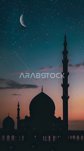 نداء المسلمين لأداء الفرائض والصلوات, العبادة والتقرب الى الله, الفن الهندسي المعماري لبناء المساجد في المملكة العربية السعودية, الديكورات والتصاميم الخارجية الحديثة لبناء مسجد, أماكن إسلامية مقدسة، صورة ظلية لجامع في وقت غروب الشمس