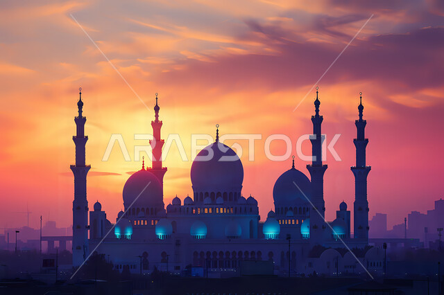 نداء المسلمين لأداء الفرائض والصلوات, العبادة والتقرب الى الله, الفن الهندسي المعماري لبناء المساجد في المملكة العربية السعودية, الديكورات والتصاميم الخارجية الحديثة لبناء مسجد, أماكن إسلامية مقدسة، صورة ظلية لجامع في وقت غروب الشمس