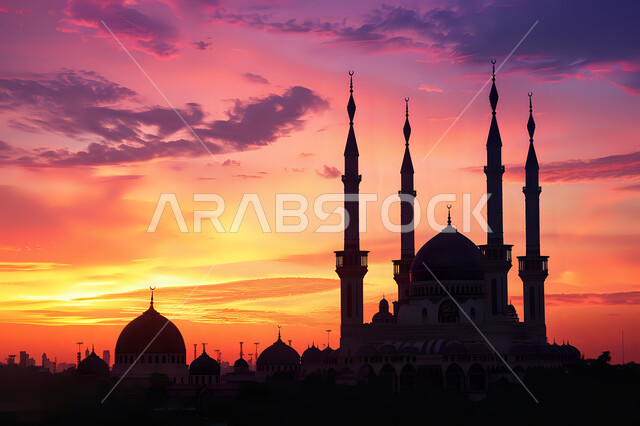 نداء المسلمين لأداء الفرائض والصلوات, العبادة والتقرب الى الله, الفن الهندسي المعماري لبناء المساجد في المملكة العربية السعودية, الديكورات والتصاميم الخارجية الحديثة لبناء مسجد, أماكن إسلامية مقدسة، صورة ظلية لجامع في وقت غروب الشمس