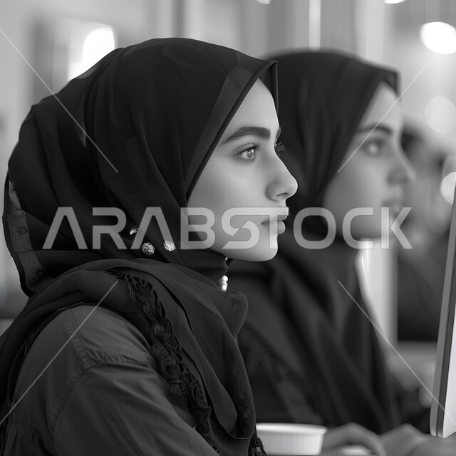 مفهوم الأنوثة والنعومة، الاهتمام بالمظهر الخارجي والأناقة، ايماءات الثقة بالنفس، صورة مقربة لامرأة عربية خليجية سعودية محجبة مبتسمة، ملابس محجبات عصرية راقية