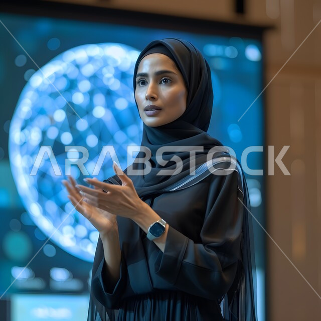 The concept of femininity and softness, interest in appearance and elegance, gestures of self-confidence, a close-up image of a smiling veiled Saudi Arabian Gulf woman, elegant modern veiled clothing