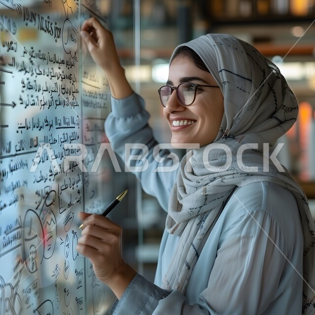 مفهوم الأنوثة والنعومة، الاهتمام بالمظهر الخارجي والأناقة، ايماءات الثقة بالنفس، صورة مقربة لامرأة عربية خليجية سعودية محجبة مبتسمة، ملابس محجبات عصرية راقية