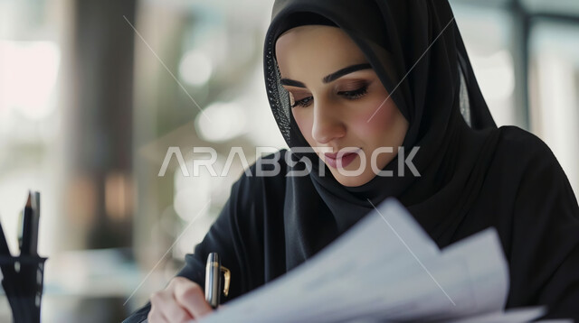 القيام بالاعمال والمهام الادارية, سيدة اعمال عربية سعودية خليجية ترتدي الحجاب، العمل في المكتب وتسجيل ملاحظاتها على مجموعة من ورق، شركة سعودية