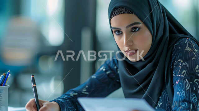 القيام بالاعمال والمهام الادارية, سيدة اعمال عربية سعودية خليجية ترتدي الحجاب، العمل في المكتب وتسجيل ملاحظاتها على مجموعة من ورق، شركة سعودية