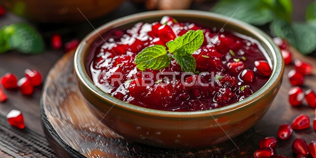 صورة مقربة لصحن صلصة الرمان الأحمر مع أوراق النعناع الطازج اللذيذ، فاكهة الرمان الطازجة ، وعاء مليئ بحبوب الرمان اللذيذ 
