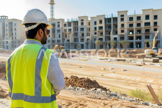 تطور الهندسة الإنشائية في السعودية، الإشراف على المشاريع ومتابعة سيرها، صورة من الخلف لمهندس عربي سعودي خيجي يرتدي سترة وخوذة الحماية، إدارة المشروع من موقع العمل, مهن ووظائف في المملكة, تحقيق الثورة العمرانية