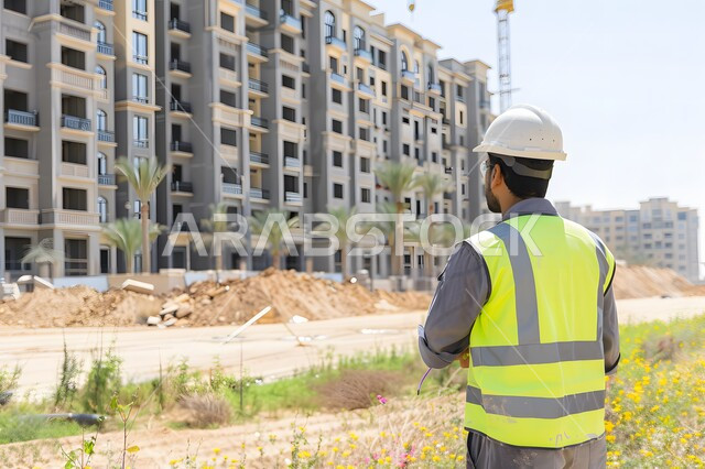 الإشراف على المشاريع ومتابعة سيرها، صورة من الخلف لمهندس عربي سعودي خيجي يرتدي سترة وخوذة الحماية، تطور الهندسة الإنشائية في السعودية، إدارة المشروع من موقع العمل, تحقيق الثورة العمرانية, مهن ووظائف في المملكة