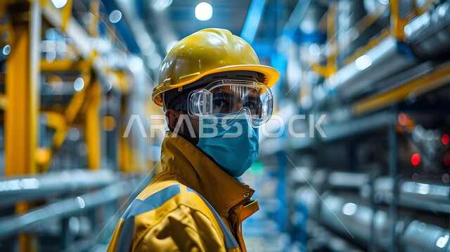 مفهوم الهندسة و الصناعة، عامل عربي سعودي خليجي يرتدي معدات السلامة وينظر إلى الكاميرا في مصنع حديث، جودة الصناعه والانتاج في معامل المملكة، الاداره والاشراف على آلية التصنيع، الايدي السعوديه العامله المنتجه، مهن ووظائف في المملكة