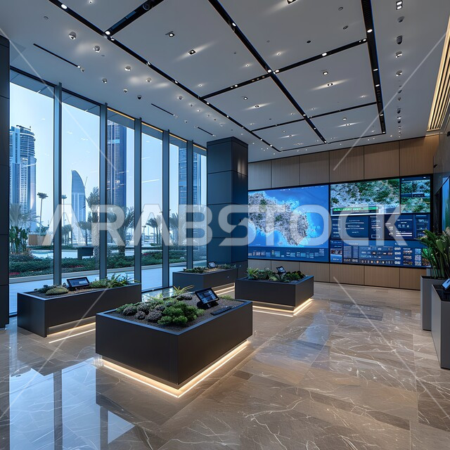  غرف مكتبية بتصاميم وديكورات داخلية فخمة، التصميم العصري الحديث للمكاتب في الشركات السعودية، النوافذ والواجهات الزجاجية، غرفة اجتماعات واسعة مع طاولة محاطة بكراسي