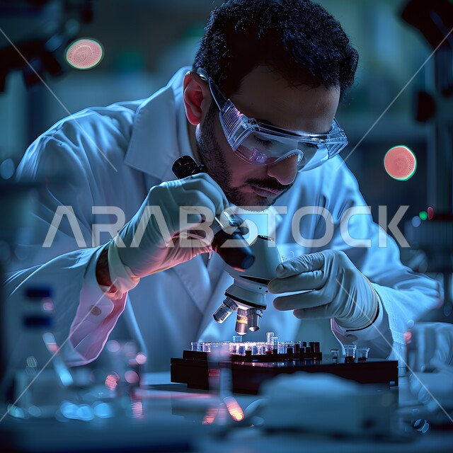  التحول الرقمي والتقدم التقني, تطور التقنيه والتكنولوجيا الحديثه، رؤية سعودية مستقبلية 2030، صورة مقربة لرجل عربي خليجي سعودي يرتدي المعطف الابيض يقوم بتحسين الانتاج باستخدام الالات والمعدات الذكيه في الصناعات الالكترونيه