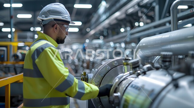 تشغيل الآلات والاجهزه الكهربائيه في المصانع الحديثه، التصنيع والإشراف والتدقيق في العمل, عامل عربي سعودي خليجي يرتدي سترة وخوذة الحماية الخاصة بالعمل، الاداره والاشراف على آلية التصنيع، جودة الصناعه والانتاج في معامل السعوديه