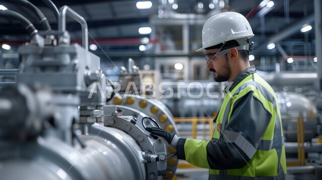 التصنيع والإشراف والتدقيق في العمل, عامل عربي سعودي خليجي يرتدي سترة وخوذة الحماية الخاصة بالعمل، جودة الصناعه والانتاج في معامل السعوديه، الاداره والاشراف على آلية التصنيع، تشغيل الآلات والاجهزه الكهربائيه في المصانع الحديثه