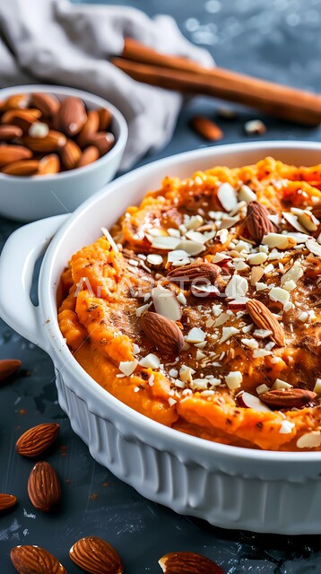 لقطة مقربة لطبق البطاطا اللذيذ مع اللوز, تقديم وإعداد الوجبات والأطعمة السريعة، وصفات المأكولات والمقبلات اللذيذة، المنتجات المحلية الوطنية، وجبة غذائية عالية القيمة