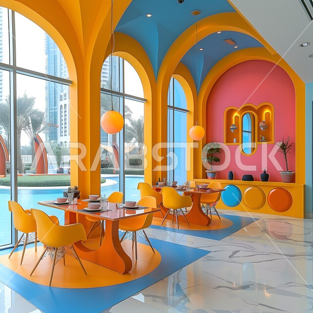 Interior decorations and designs for cafes and restaurants, restaurant and café hall with attractive decor and colors, upscale interior furniture for a modern-style restaurant in the Kingdom of Saudi Arabia