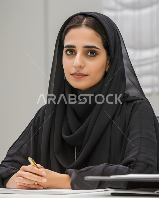 مفهوم الأنوثة والنعومة، الاهتمام بالمظهر الخارجي، صورة مقربة لامرأة عربية خليجية سعودية محجبة ترتدي عباءة سوداء تنظر إلى الكاميرا بإيماءات الثقة بالنفس، حجابات نسائية عصريه حديثه