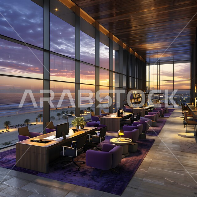 غرف العمل والاجتماع مع العملاء، أثاث واكسسوارات ومعدات مكتبية فاخرة، تصاميم عصرية حديثة لمكاتب الشركات السعودية، غرف مكتبية بتصميم داخلي وديكورات حديثة و راقية، الفن الهندسي المعماري، مكتب بواجهة زجاجية مطلة على الأبراج وناطحات السحاب الشاهقة