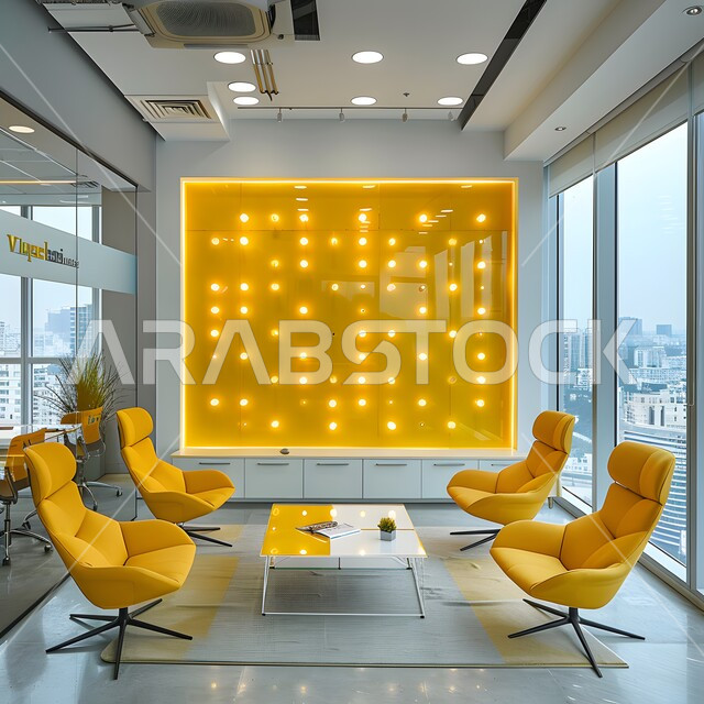 غرف مكتبية بتصميم داخلي وديكورات حديثة و راقية، قاعات العمل والاجتماع مع العملاء، أثاث واكسسوارات ومعدات مكتبية فاخرة، تصاميم عصرية حديثة لمكاتب الشركات السعودية، الفن الهندسي المعماري، مكتب بواجهة زجاجية مطلة على الأبراج وناطحات السحاب الشاهقة