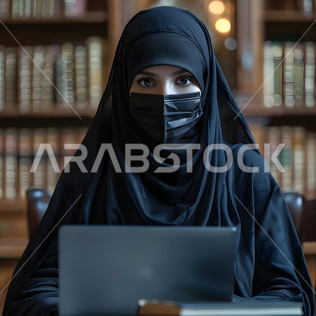 مهن ووظائف ادارية مكتبية، دمج العمل مع التقنية والتكنولوجيا، سيدة أعمال عربية خليجية سعودية محجبة تعمل على جهاز الحاسوب المحمول داخل المكتب ، إدارة شؤون الأعمال وتنظيمها عبر الاجهزة التقنية