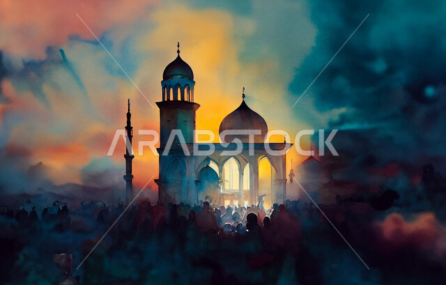  ديكورات على الطراز الإسلامي, أماكن العبادة والتقرب إلى الله، رسم مجسم مسجد ثلاثي الأبعاد, معالم دينية إسلامية مقدسة, الفن الهندسي المعماري العريق لققبب ومآذن الجامع, إسلاميات وروحانيات وطمأنينة، نداء المسلمين لأداء الفرائض والصلوات، خلفية ملونة