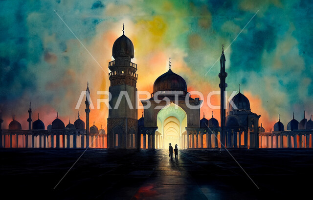 أماكن العبادة والتقرب إلى الله، رسم مجسم مسجد ثلاثي الأبعاد, ديكورات على الطراز الإسلامي, الفن الهندسي المعماري العريق لقبب ومآذن الجامع, إسلاميات وروحانيات وطمأنينة، نداء المسلمين لأداء الفرائض والصلوات، معالم دينية إسلامية مقدسة, خلفية ملونة