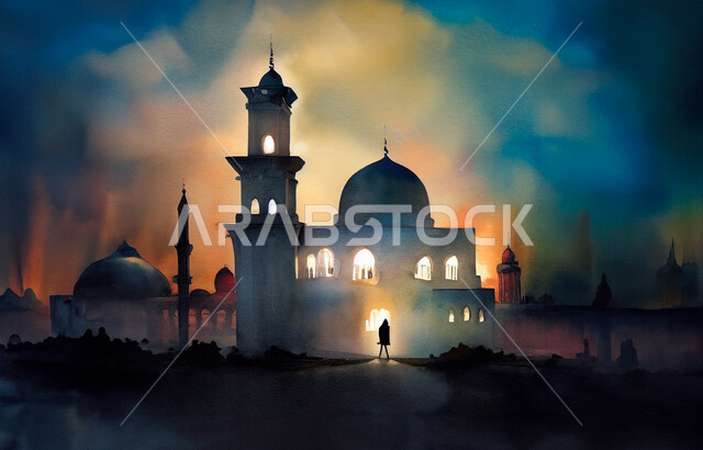الفن الهندسي المعماري العريق لقبب ومآذن الجامع, ديكورات على الطراز الإسلامي, أماكن العبادة والتقرب إلى الله، رسم مجسم مسجد ثلاثي الأبعاد, معالم دينية إسلامية مقدسة, نداء المسلمين لأداء الفرائض والصلوات، إسلاميات وروحانيات وطمأنينة، خلفية ملونة