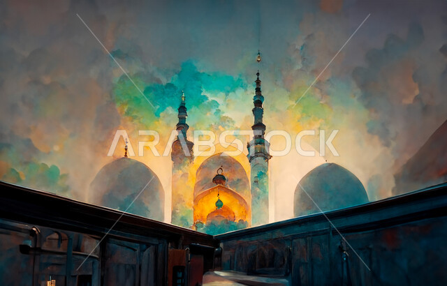 إسلاميات وروحانيات وطمأنينة، نداء المسلمين لأداء الفرائض والصلوات، الفن الهندسي المعماري العريق لقبب ومآذن الجامع, ديكورات على الطراز الإسلامي, أماكن العبادة والتقرب إلى الله, معالم دينية إسلامية مقدسة، رسم مجسم مسجد ثلاثي الأبعاد, خلفية ملونة