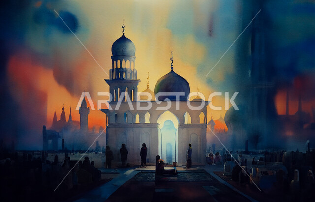  ديكورات على الطراز الإسلامي, أماكن العبادة والتقرب إلى الله، رسم مجسم مسجد ثلاثي الأبعاد, معالم دينية إسلامية مقدسة, الفن الهندسي المعماري العريق لققبب ومآذن الجامع, إسلاميات وروحانيات وطمأنينة، نداء المسلمين لأداء الفرائض والصلوات، خلفية ملونة