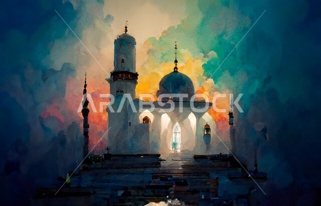 الفن الهندسي المعماري العريق لقبب ومآذن الجامع, ديكورات على الطراز الإسلامي, أماكن العبادة والتقرب إلى الله، رسم مجسم مسجد ثلاثي الأبعاد, معالم دينية إسلامية مقدسة, نداء المسلمين لأداء الفرائض والصلوات، إسلاميات وروحانيات وطمأنينة، خلفية ملونة