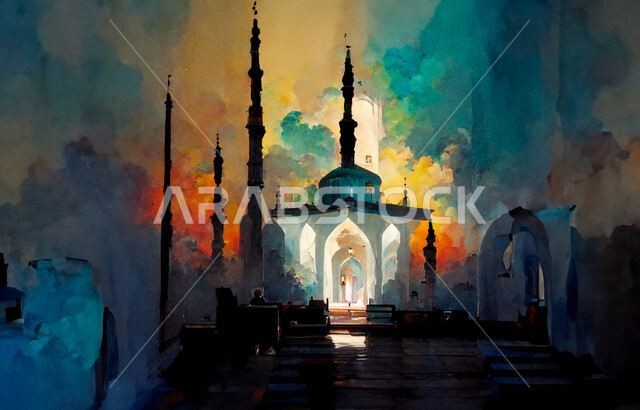 أماكن العبادة والتقرب إلى الله، رسم مجسم مسجد ثلاثي الأبعاد, ديكورات على الطراز الإسلامي, الفن الهندسي المعماري العريق لقبب ومآذن الجامع, إسلاميات وروحانيات وطمأنينة، نداء المسلمين لأداء الفرائض والصلوات، معالم دينية إسلامية مقدسة, خلفية ملونة