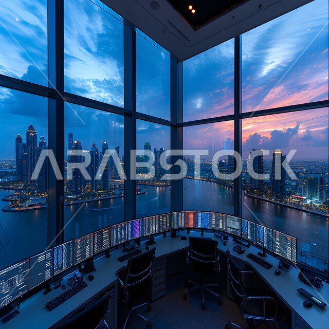 الفن الهندسي المعماري في تصميم مكتب بواجهة زجاجية مطلة على الأبراج وناطحات السحاب الشاهقة، غرف مكتبية بتصميم داخلي وديكورات حديثة و راقية، قاعات العمل والاجتماع مع العملاء، أثاث واكسسوارات ومعدات مكتبية فاخرة، تصاميم عصرية حديثة لمكاتب الشركات السعودية