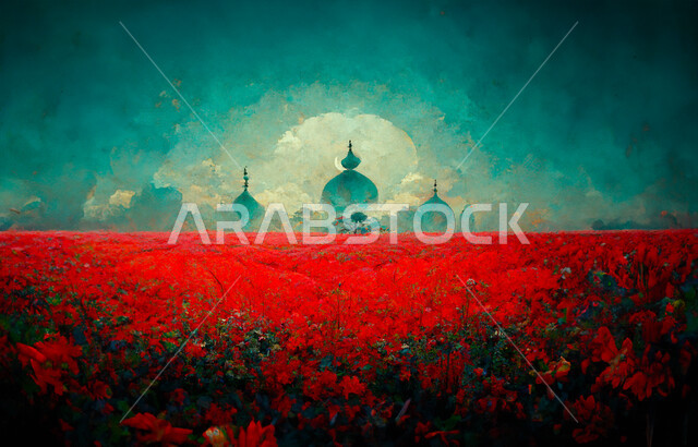 ديكورات على الطراز الإسلامي, معالم دينية إسلامية مقدسة، أماكن العبادة والتقرب إلى الله, إسلاميات وروحانيات وطمأنينة، نداء المسلمين لأداء الفرائض والصلوات, رسم مجسم ثلاثي الأبعاد لقبب ومآذن مسجد وسط الطبيعة والازهار الحمراء,  خلفية دنية