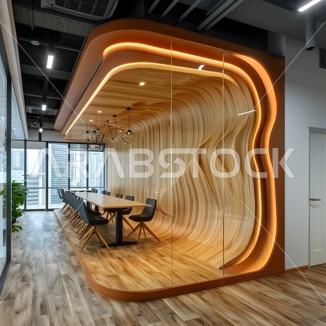 Spacious meeting room with table surrounded by chairs, office rooms with luxurious interior designs and decorations, modern contemporary design for offices in Saudi companies, windows and glass facades overlooking the outside