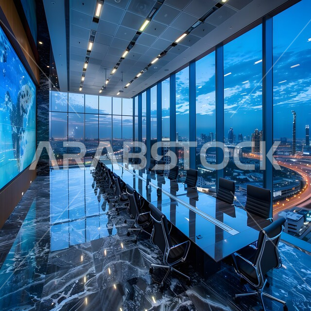 غرفة اجتماعات واسعة مع طاولة محاطة بكراسي، غرف مكتبية بتصاميم وديكورات داخلية فخمة، التصميم العصري الحديث للمكاتب في الشركات السعودية، النوافذ والواجهات الزجاجية المطلة على الخارج