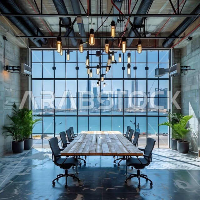 غرفة اجتماعات واسعة مع طاولة محاطة بكراسي، غرف مكتبية بتصاميم وديكورات داخلية فخمة، التصميم العصري الحديث للمكاتب في الشركات السعودية، النوافذ والواجهات الزجاجية المطلة على الخارج