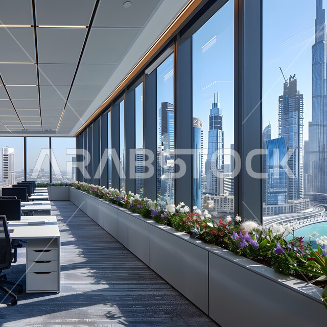 Architectural engineering art in the office glass facade overlooking the outside nature, work and meeting rooms with clients, luxury office furniture, accessories and equipment, modern contemporary designs for Saudi corporate offices, office rooms with modern and upscale interior design and decorations, urban growth and development