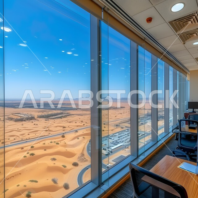 Architectural engineering art in the office glass facade overlooking the outside nature, work and meeting rooms with clients, luxury office furniture, accessories and equipment, modern contemporary designs for Saudi corporate offices, office rooms with modern and upscale interior design and decorations, urban growth and development