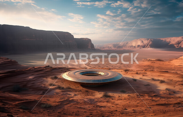 تطور التقنية والتكنولوجيا، نمو ودعم قطاع الفضاء، وصول السعودية إلى العالم الخارجي, رحلات سياحية استكشافية في النهار, صحن طائرضخم من الفضاء الخارجي وسط الرمال الذهبية  الناعمة، القمم والمرتفعات الجبلية في المناطق الصحراوية