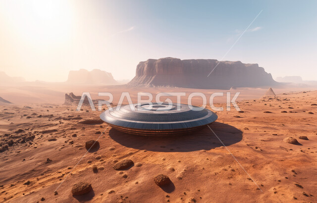 Growth and support of the space sector, development of technology and technology, Saudi Arabia's access to the outside world, daytime exploratory tourism trips, mountain peaks and heights in desert areas, a huge flying saucer from outer space in the middle of the soft golden sand