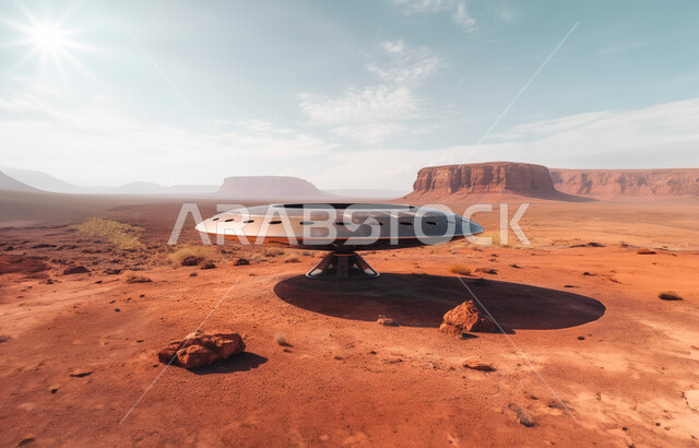 وصول السعودية إلى العالم الخارجي، نمو ودعم قطاع الفضاء، تطور التقنية والتكنولوجيا، القمم والمرتفعات الجبلية في المناطق الصحراوية, صحن طائر ضخم من الفضاء الخارجي وسط الرمال الذهبية  الناعمة, رحلات سياحية استكشافية في النهار