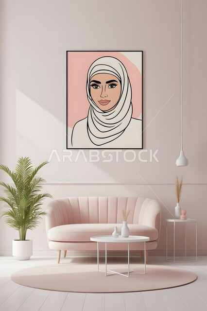 الاناقة والاهتمام بالمظهر الخارجي، مفهوم الأنوثة والنعومة، حجابات نسائية عصريه حديثه، غرفة معيشه بتصاميم عصرية حديثه، لوحة كرتونية معلقة لفتاة عربية خليجية سعودية مبتسمة ترتدي الحجاب، ايماءات السرور والثقة بالنفس، خلفية بيضاء