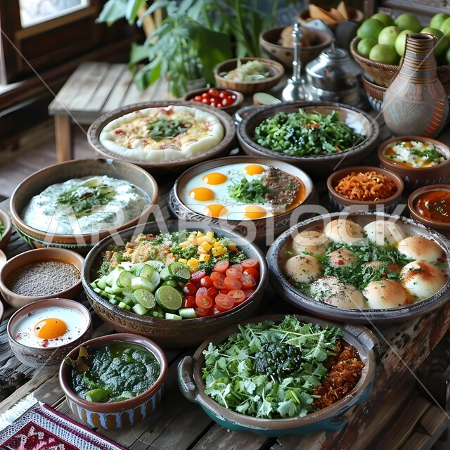 الأصناف و الأطباق والمقبلات اللذيذة، سفرة من المأكولات الشعبية التقليدية الشهية، وجبة الفطور ذات الأطباق المتنوعة والمغذية، تقديم الأطعمة المختلفة في مطاعم المملكة العربية السعودية، فن تقديم الطعام في المطابخ الشرقية، وصفات ذات نكهات مميزة