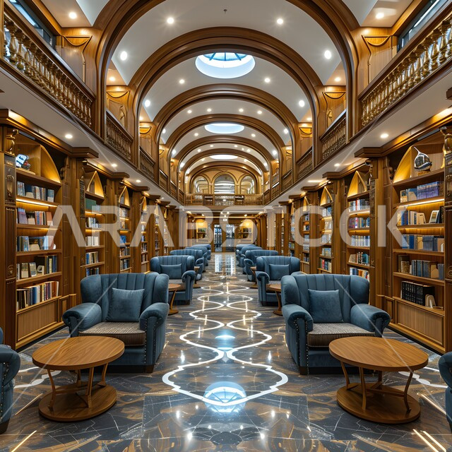 Modern office equipment, elegant and comfortable furniture, quiet places for reading, wooden shelves filled with books, stories and organized folders, modern contemporary designs for libraries in Saudi Arabia, large glass facades