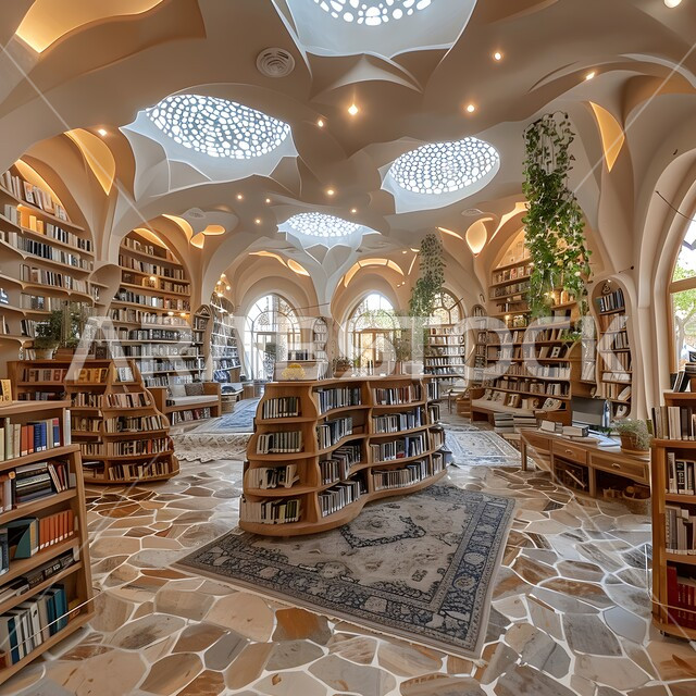 تجهيزات مكتبية حديثة وأثاث أنيق ومريح، أماكن هادئة للمطالعة والقراءة, رفوف خشبية ممتلئة بالكتب والقصص والمجلدات المرتبة, تصاميم عصرية حديثة للمكتبات في السعودية، واجهات زجاجية كبيرة