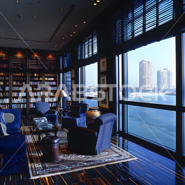 تجهيزات مكتبية حديثة وأثاث أنيق ومريح، أماكن هادئة للمطالعة والقراءة, رفوف خشبية ممتلئة بالكتب والقصص والمجلدات المرتبة, تصاميم عصرية حديثة للمكتبات في السعودية، واجهات زجاجية كبيرة