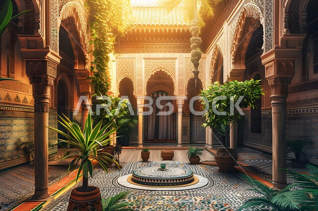 الاهتمام بزراعة ورعاية النباتات الخضراء،مفهوم الهدوء والاسترخاء، باحة منزل بطراز تقليدي قديم، الفن الهندسي المعماري المعقد للأقواس التراثية، تجسيد أجواء الاماكن العريقة في السعودية، فناء بيت تراثي بتفاصيل الزخرفة الجبسيه، أرضية مزخرفة برسوم المانديلا الهندسية